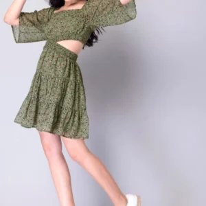 Green Floral Waist Cut Out Dress