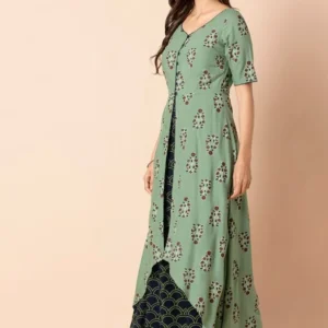 Green and Navy Floral Boota Double Layered Jumpsuit