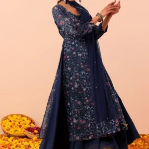 Navy Blue Floral Print Anarkali