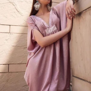 Pink Embellished Gathered Kaftan Dress