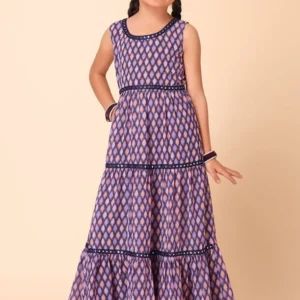Purple Ikat Print Tiered Dress for Girls
