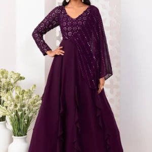 Sangria Purple Sequin And Zari Embroidered Draped Anarkali Gown