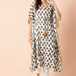 White Floral Boota Kaftan Kurta