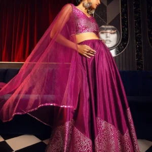 Wine Foil Print Lehenga And Cape Sleeve Blouse